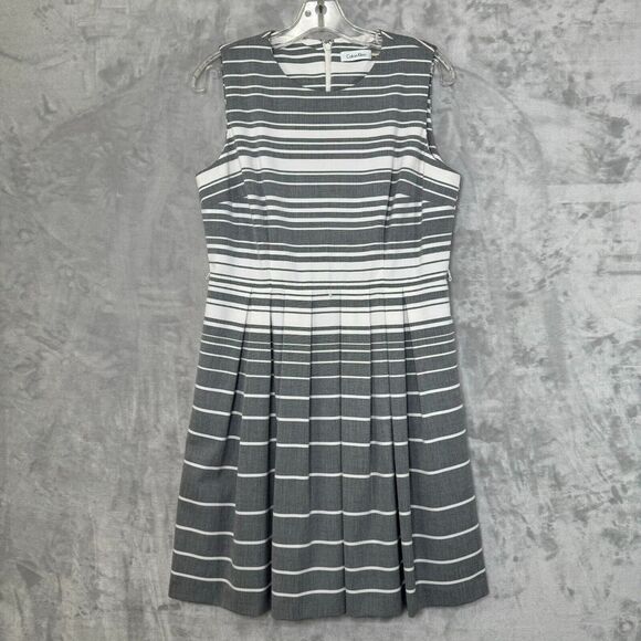 Calvin Klein Dress Womens 12 Gray White Stripe Fit & Flare Sleeveless Career - Picture 1 of 11
